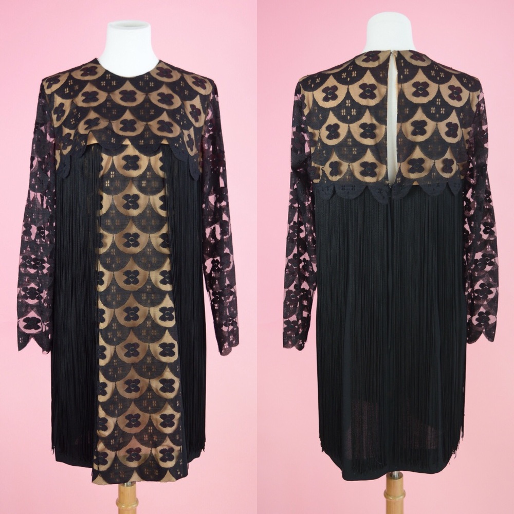 🍸 Vintage 60s Party Dress Fringe Mod Black Lace ✨